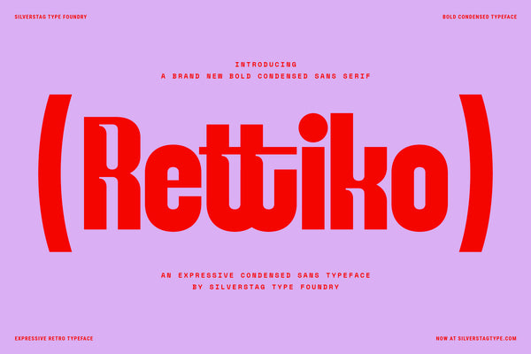SLTF Rettiko bold condensed retro - hero title card with the Rettiko wordmark in red parentheses on lilac