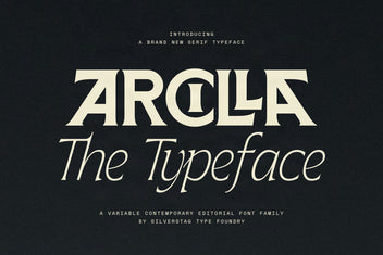 Arcilla variable editorial serif hero — "ARCILLA" in cream ligature caps with "The Typeface" in italic below, on dark charcoal, introduced as a variable contemporary editorial font family.