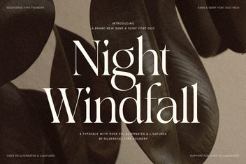 SLTF Night Windfall high contrast sans and serif duo - hero title card with the Night Windfall wordmark on a dark botanical leaf background