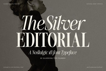 The Silver Editorial serif typeface hero — "The Silver Editorial" set over a black-and-white portrait, labelled "A Nostalgic 18-font Typeface."