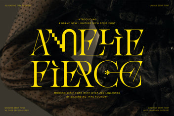 Amelie Fierce title card on a dark textured background, the name in yellow with over 280 ligatures noted