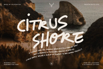 Citrus Shore handwritten marker font hero in white over coastal cliffs with a note on its 400-plus ligatures