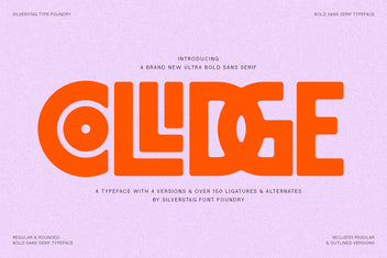 Collidge ultra-bold sans hero — "COLLIDGE" in orange rounded caps on lilac, introduced as an ultra-bold sans with 150+ ligatures and alternates.