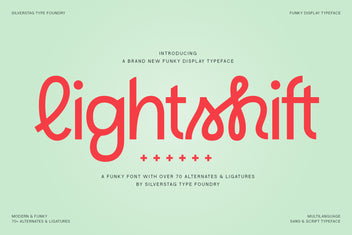 Lightshift funky display typeface name shown in red on a pale mint introduction card