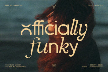 Officially Funky font duo hero in cream over a moody photo of a woman with windblown red hair