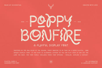 Poppy Bonfire display font hero in cream over a coral ground with a stag motif