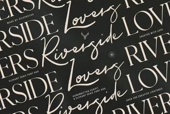 Riverside Lovers font duo hero in cream script and serif over a dark ground with a stag motif