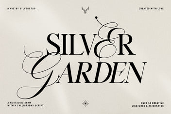 Silver Garden font duo hero in dark serif and script over a pale ground with a stag motif