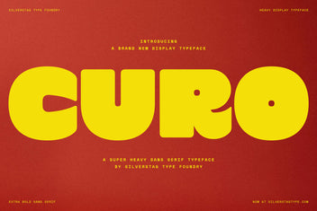 SLTF Curo heavy display sans serif - hero specimen in yellow on a deep red background