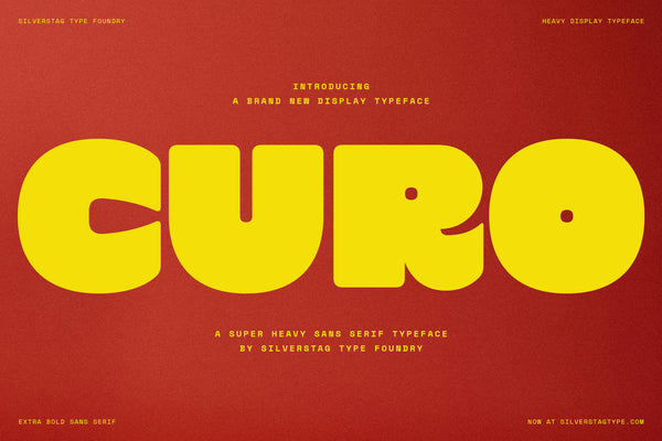 SLTF Curo heavy display sans serif - hero specimen in yellow on a deep red background