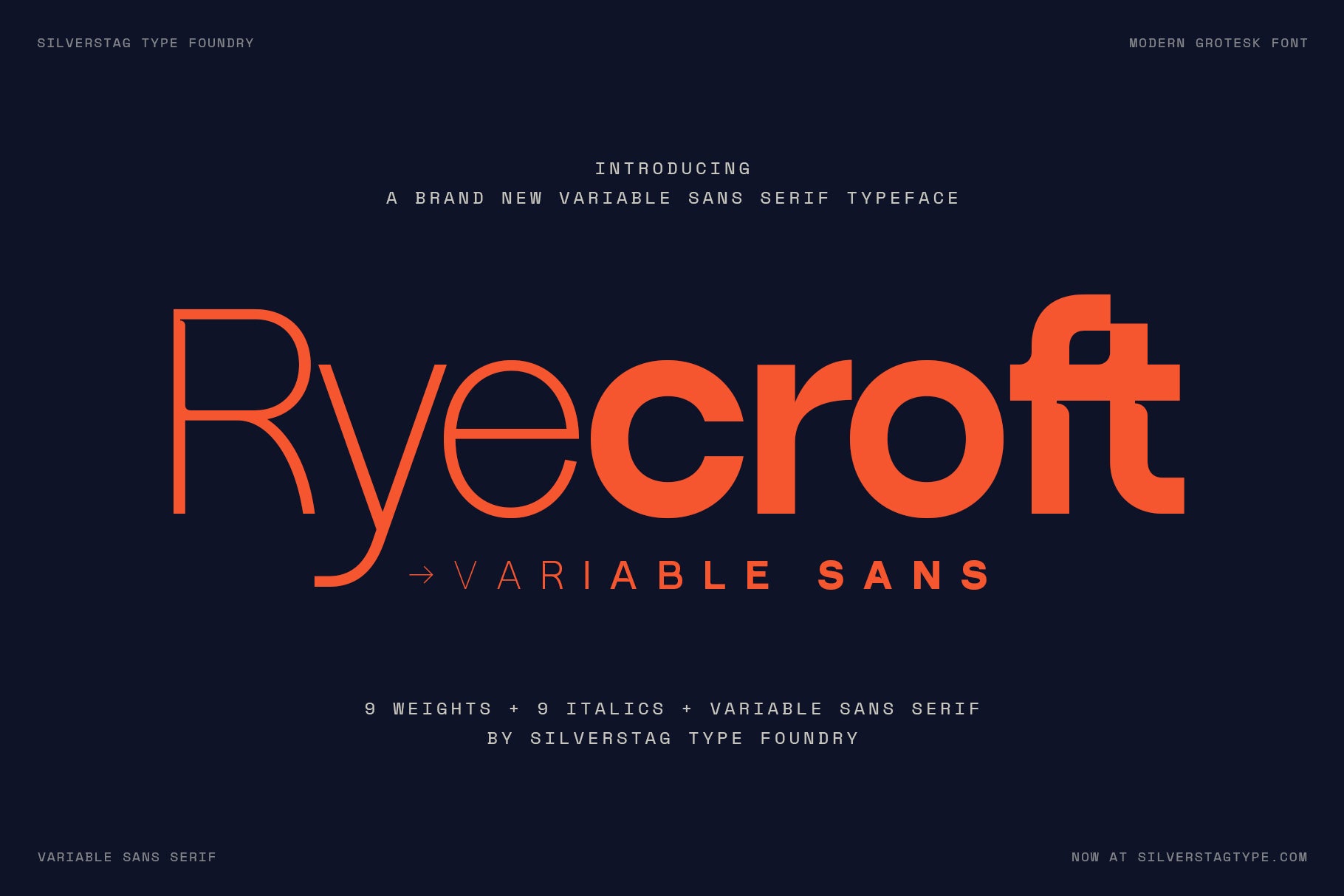 SLTF Ryecroft variable sans serif release poster. The word Ryecroft runs across a deep navy field in orange, shifting from a hairline Thin at the R to a solid Black at the end of the word, with an arrow and the words Variable Sans letterspaced beneath it. Rails at the top read SilverStag Type Foundry and Modern Grotesk Font. Lines below confirm nine weights, nine italics and a variable sans serif by SilverStag Type Foundry.