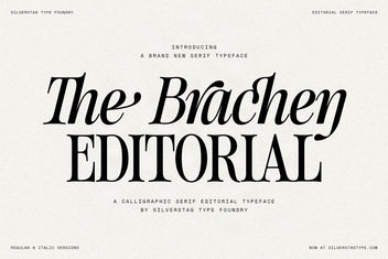 SLTF The Brachen calligraphic editorial serif hero, the swashed words The Brachen Editorial in black on a cream background by SilverStag Type Foundry