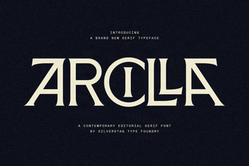 Arcilla contemporary editorial serif hero — "ARCILLA" in cream ligature caps on deep navy, introduced as a contemporary editorial serif font.
