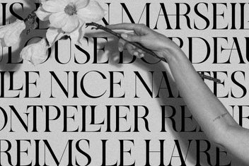 SLTF Night Windfall high contrast sans and serif duo - wall of French cities such as Marseille Toulouse Bordeaux Nice and Le Havre in serif caps over a black and white floral photo