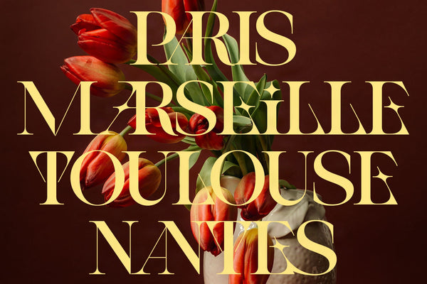 Paris Marseille Toulouse Nantes city names set in SLTF Spanish Archer over red tulips in a vase