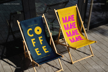 Two deckchairs printed "Coffee" and "Make" in Collidge — navy and yellow outdoor branding mockup.