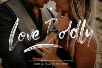 Loving Rose script font spelling Love Boldly over a warm photo of an embracing couple