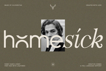 Homesick specimen in Officially Funky font duo over olive with a black-and-white photo of a man