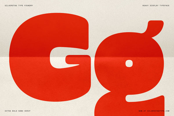 SLTF Curo heavy display sans serif - large red Gg letterform glyph showcase