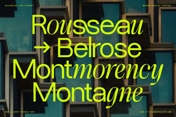SLTF Dessign Maison hybrid serif display - name specimens Rousseau Belrose Montmorency Montagne in yellow