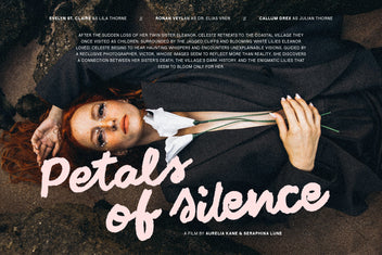 SLTF Midnight Chianti bold handwritten script - Petals of Silence film poster in pink script over a portrait with a flower