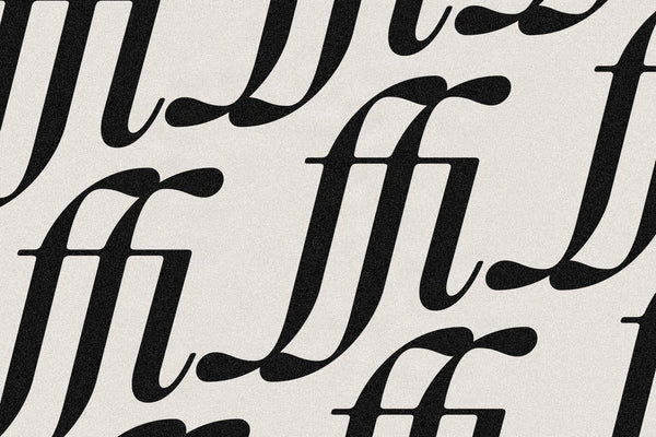 Close-up of bold black ffi and ffl ligatures in SLTF The Brachen, overlapping calligraphic serif glyphs on a cream textured background