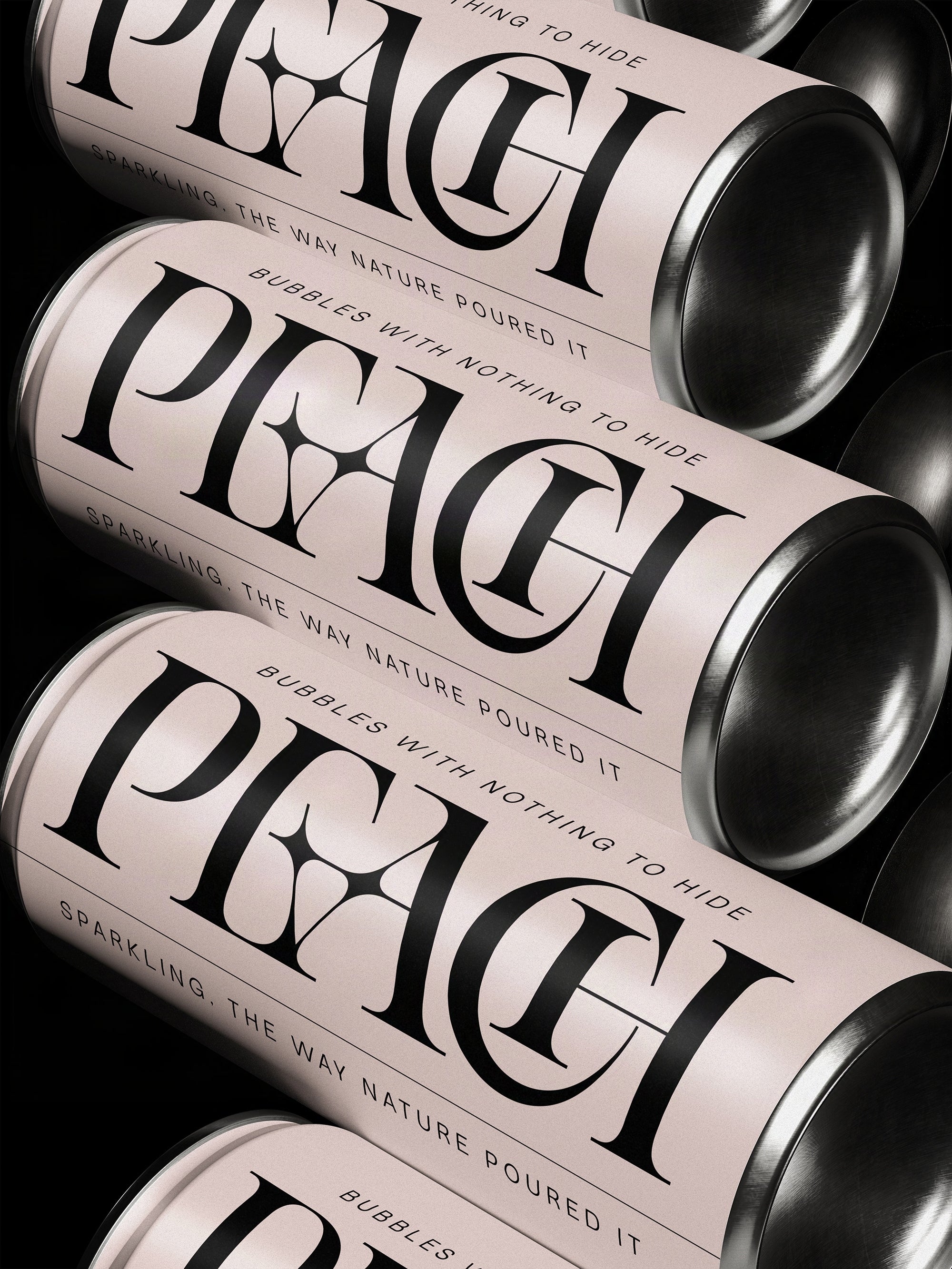 Peach sparkling drink can labels with the wordmark set in SLTF Spanish Archer ligature serif