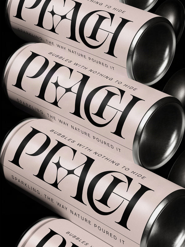 Peach sparkling drink can labels with the wordmark set in SLTF Spanish Archer ligature serif