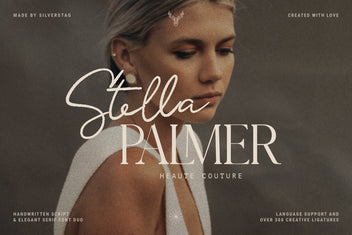 Stella Palmer haute couture specimen in Riverside Lovers font duo over a portrait
