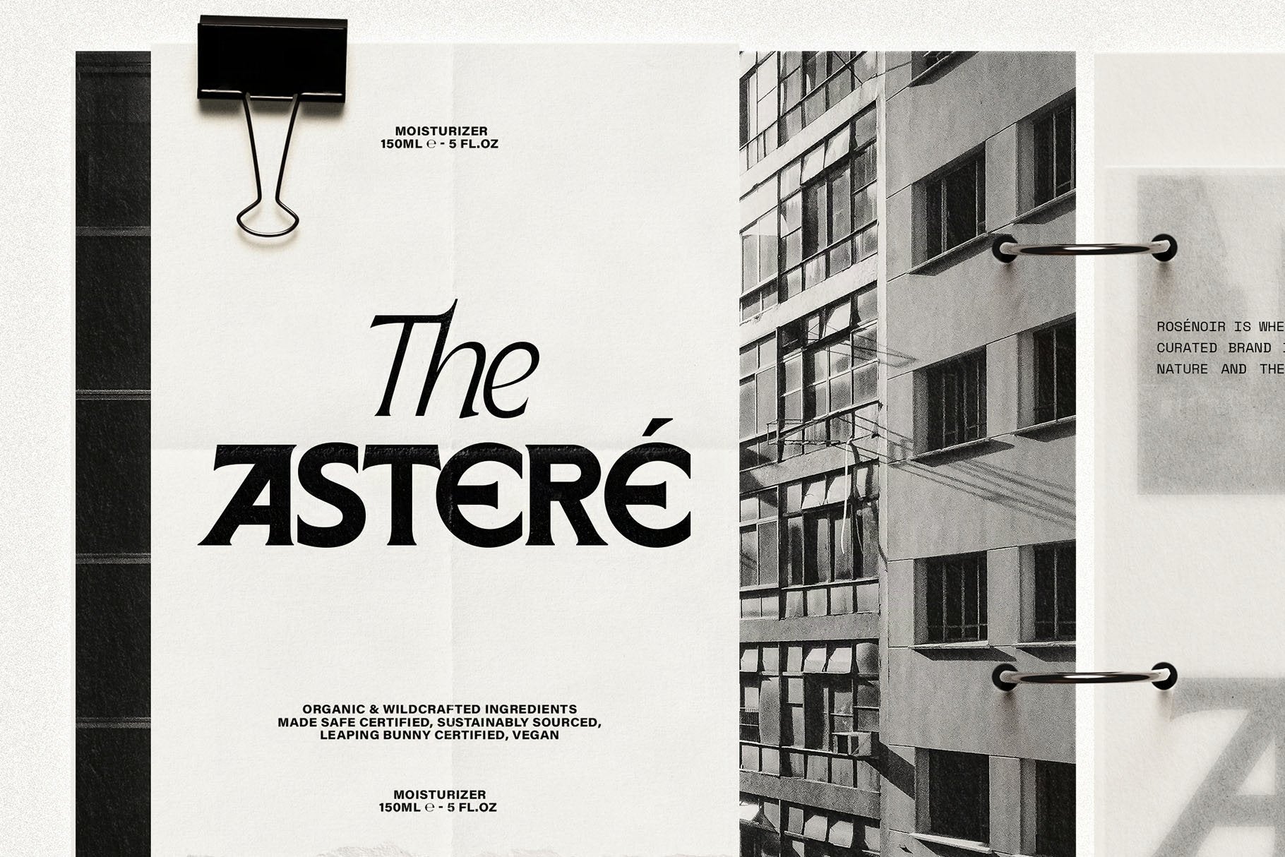 SLTF Arcilla used in The Asteré skincare brand identity — label design featuring the Semi Bold and Italic weights on a moisturizer bottle. Set against a black and white Brutalist architectural editorial collage. Demonstrates Arcilla's use in luxury cosmetics packaging and brand identity design.