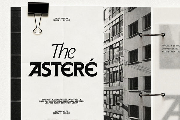 SLTF Arcilla used in The Asteré skincare brand identity — label design featuring the Semi Bold and Italic weights on a moisturizer bottle. Set against a black and white Brutalist architectural editorial collage. Demonstrates Arcilla's use in luxury cosmetics packaging and brand identity design.