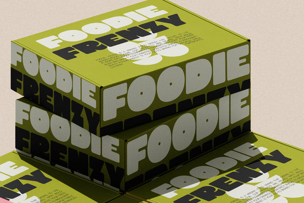 SLTF Curo heavy display sans serif - Foodie Frenzy lettering on an olive product box