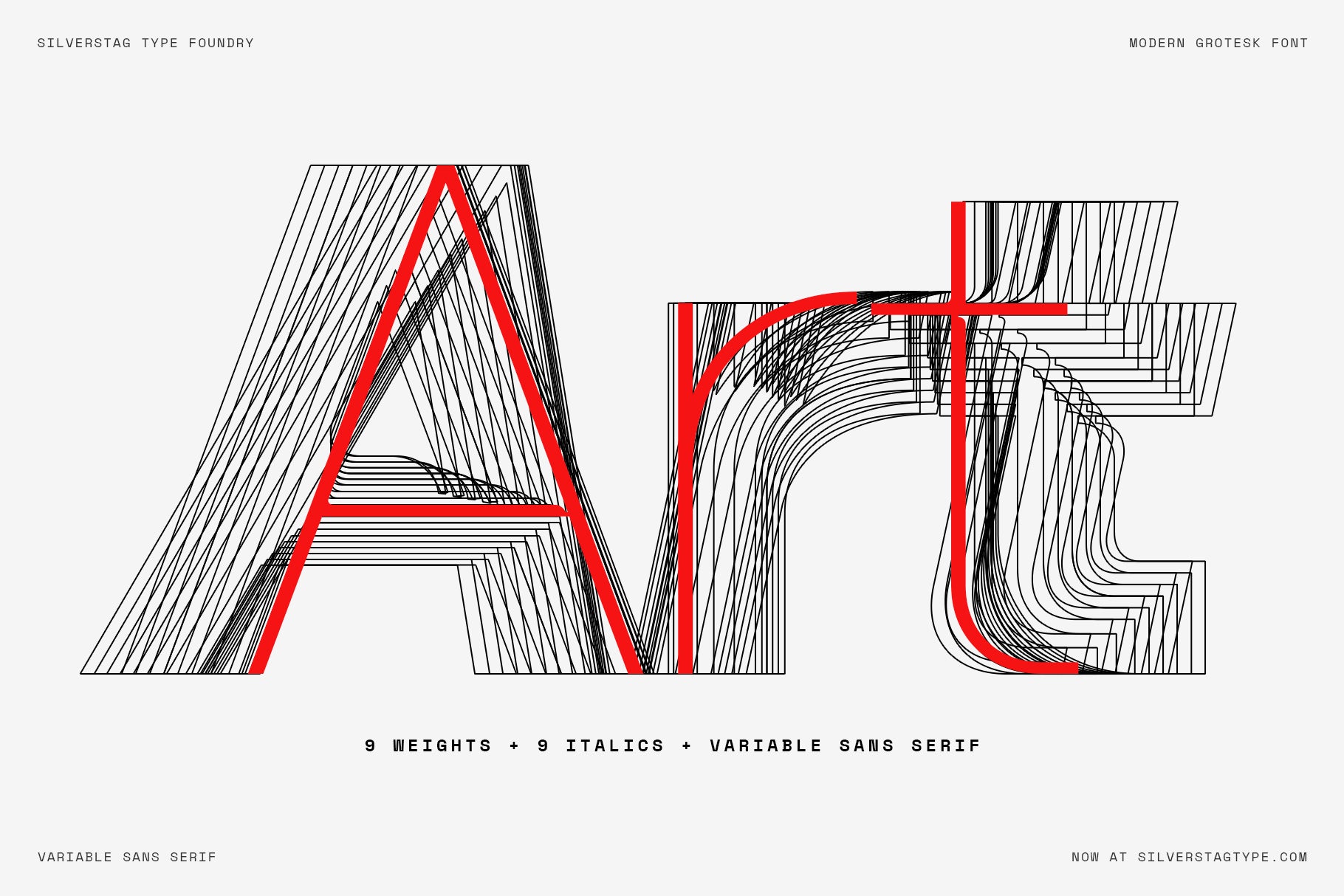 SLTF Ryecroft interpolation specimen on light grey. The word Art is drawn as stacked wireframe outlines of every weight in the family, from Thin to Black, layered on top of one another so the interpolation path is visible as a mesh of black contours. A red hairline skeleton of the same word sits over the top. A line beneath reads nine weights, nine italics and variable sans serif.