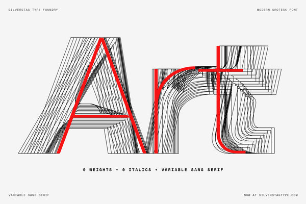 SLTF Ryecroft interpolation specimen on light grey. The word Art is drawn as stacked wireframe outlines of every weight in the family, from Thin to Black, layered on top of one another so the interpolation path is visible as a mesh of black contours. A red hairline skeleton of the same word sits over the top. A line beneath reads nine weights, nine italics and variable sans serif.