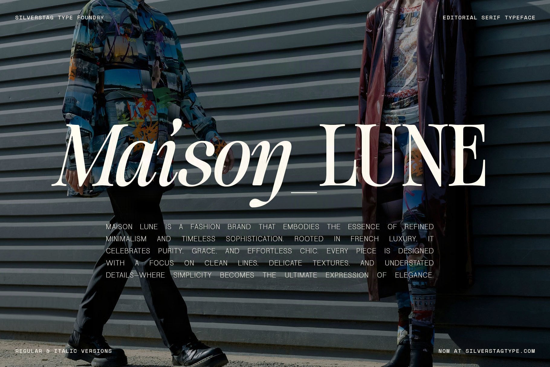 Maison LUNE fashion brand mockup in SLTF The Brachen, white italic and roman serif over a photo of a person in a patterned jacket by a dark metal shutter