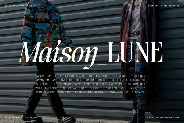 Maison LUNE fashion brand mockup in SLTF The Brachen, white italic and roman serif over a photo of a person in a patterned jacket by a dark metal shutter