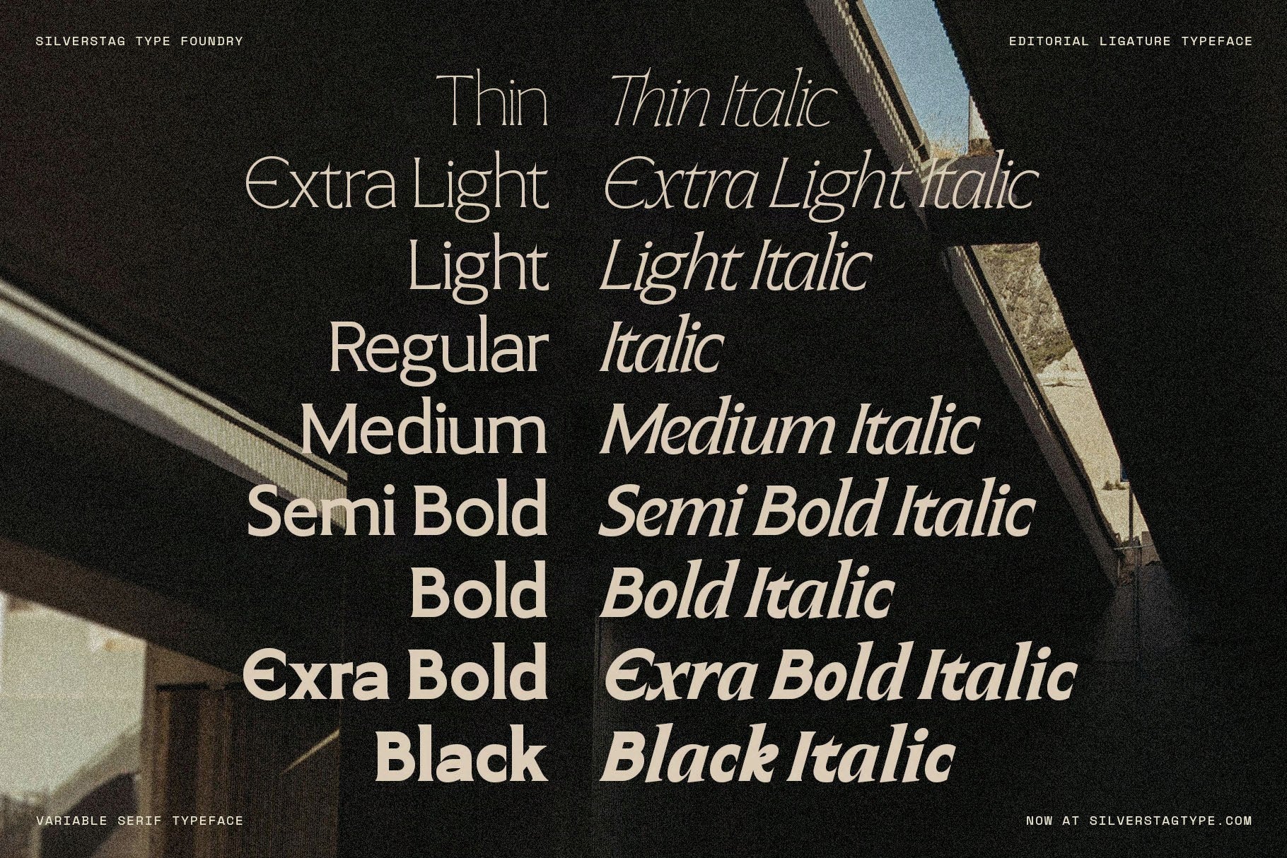 SLTF Arcilla complete weight specimen — all 18 fonts listed from Thin to Black in both upright and italic cuts, set in white on a dark moody architectural photograph. Each weight is rendered at display size showing the progression from the finest hairline of Thin to the commanding density of Black Italic.