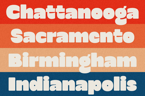 SLTF Curo heavy display sans serif - United States city names stacked on colored bands
