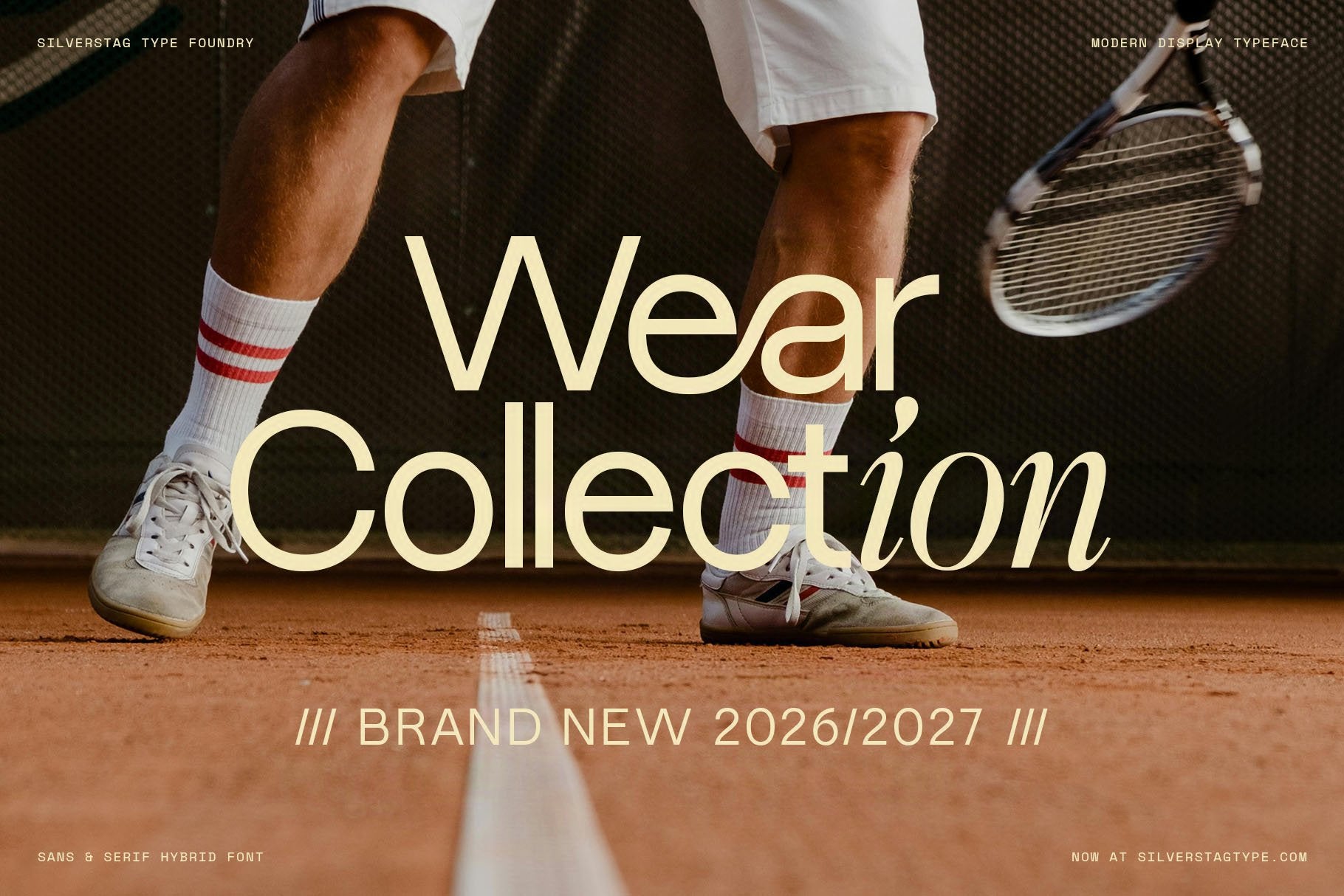 SLTF Dessign Maison hybrid serif display - Wear Collection headline over a clay court tennis scene