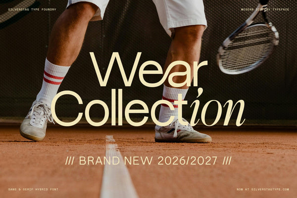 SLTF Dessign Maison hybrid serif display - Wear Collection headline over a clay court tennis scene