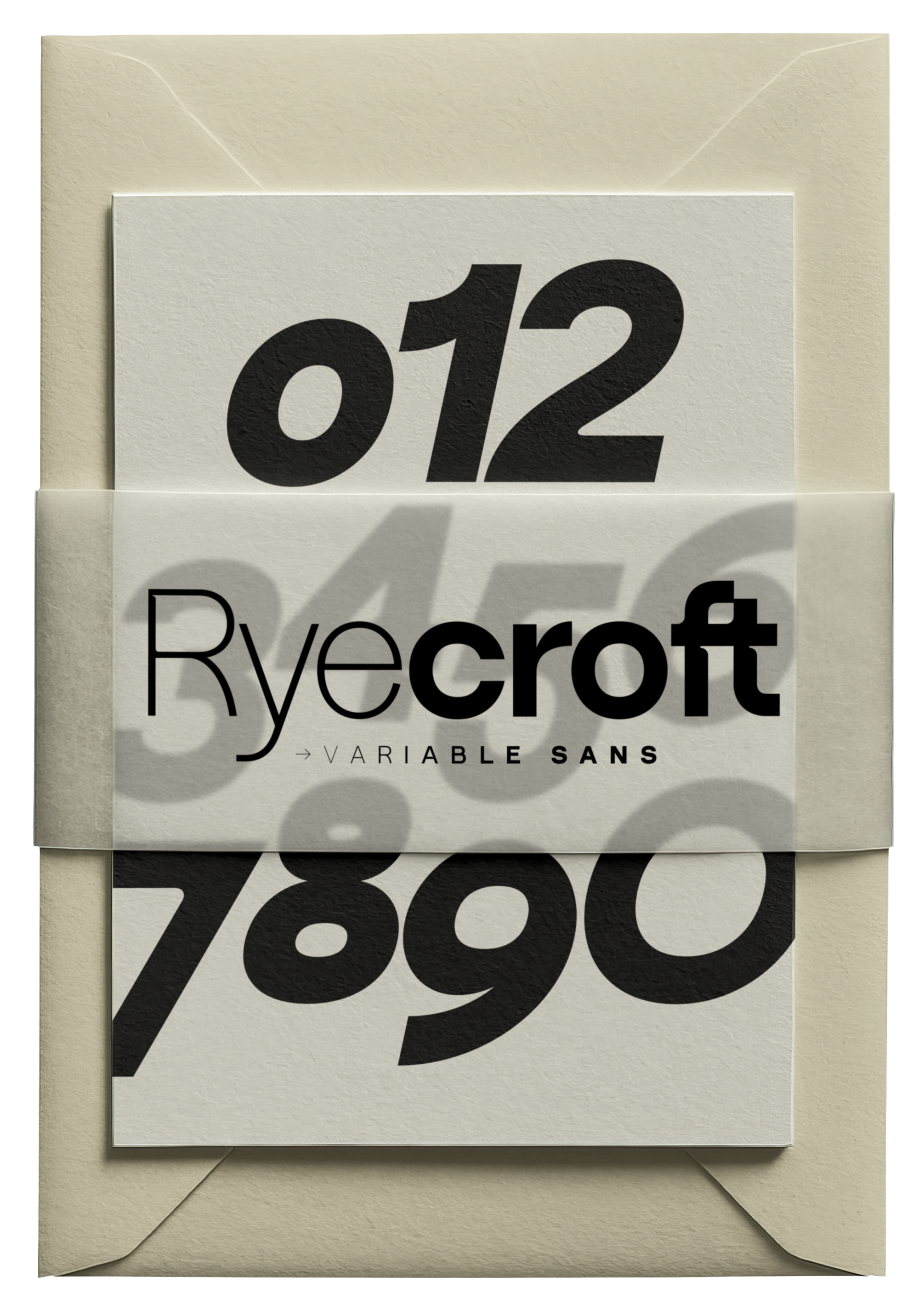 SLTF Ryecroft print mockup. A card printed with large heavy numerals - 012 across the top and 7890 across the bottom - sits inside a cream envelope with a translucent paper band across the middle. Ryecroft is printed on the band in mixed weights, thin through heavy, with the words Variable Sans letterspaced below it. The numerals show through the band as soft grey shapes.