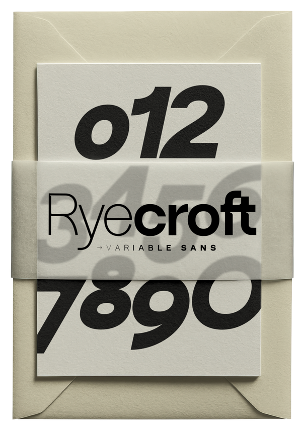 SLTF Ryecroft print mockup. A card printed with large heavy numerals - 012 across the top and 7890 across the bottom - sits inside a cream envelope with a translucent paper band across the middle. Ryecroft is printed on the band in mixed weights, thin through heavy, with the words Variable Sans letterspaced below it. The numerals show through the band as soft grey shapes.