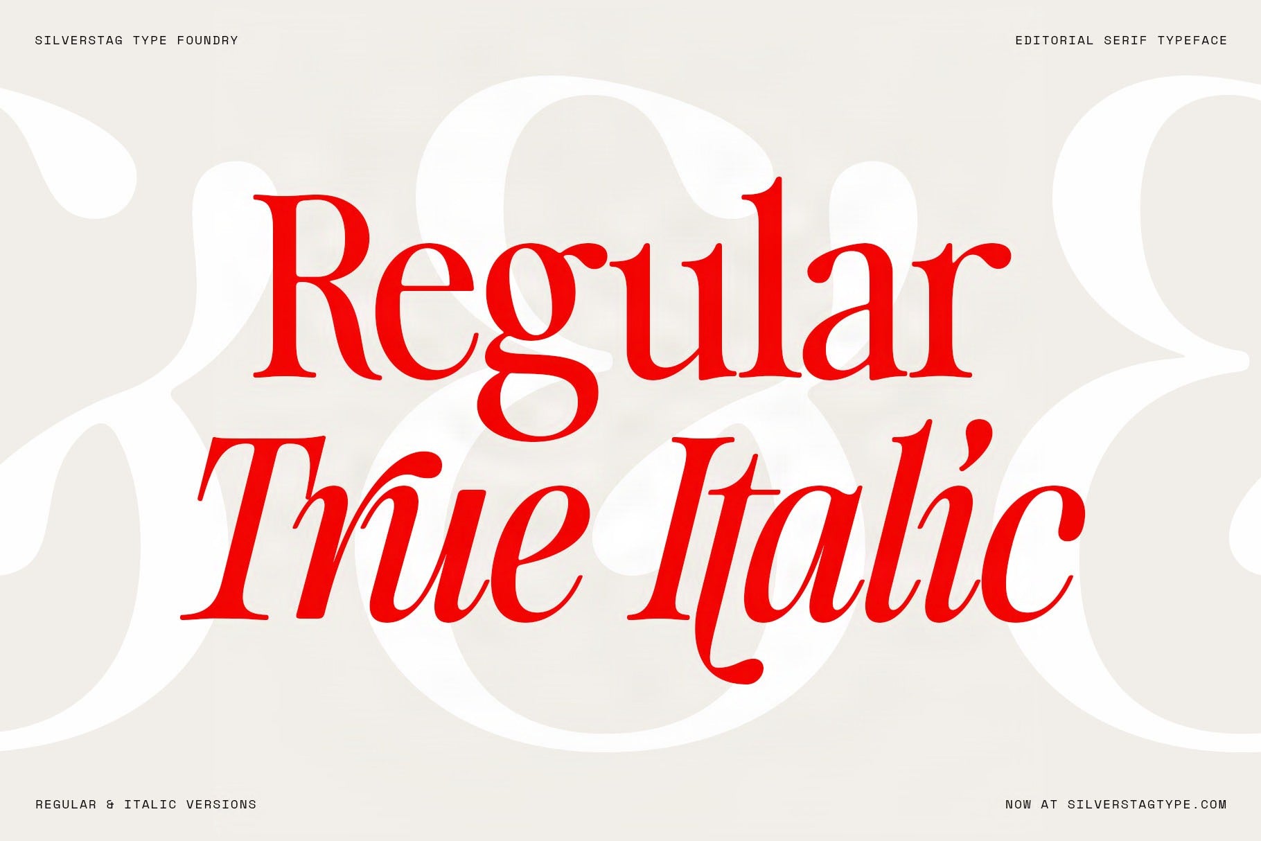 SLTF The Brachen style frame, the words Regular and True Italic in red serif over faint oversized white glyphs on a cream background