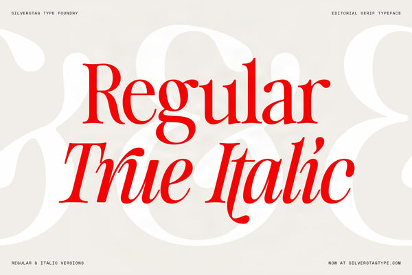 SLTF The Brachen style frame, the words Regular and True Italic in red serif over faint oversized white glyphs on a cream background