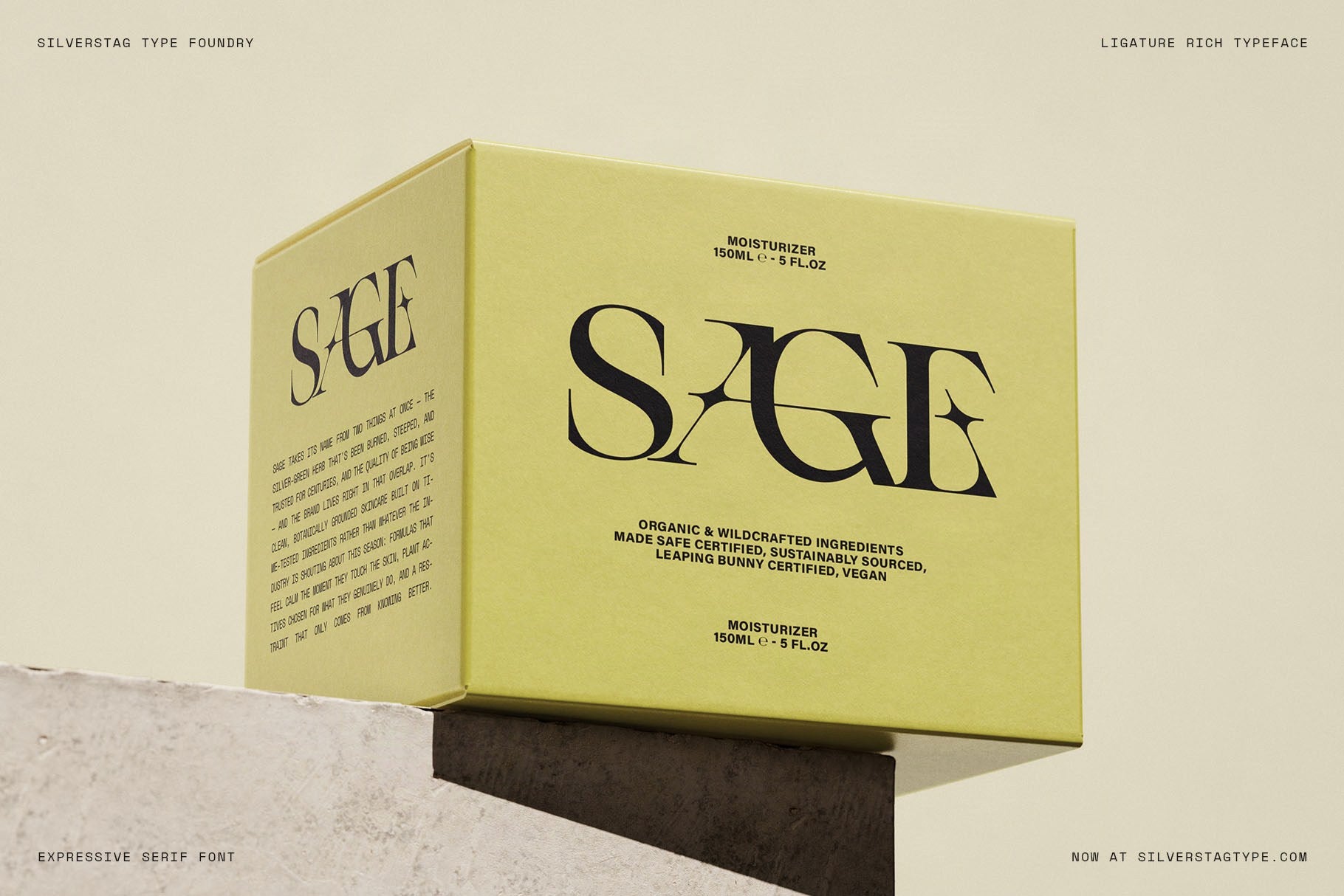 Sage moisturizer packaging box with the brand name set in SLTF Spanish Archer ligature serif