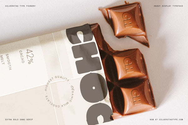 SLTF Curo heavy display sans serif - Choc chocolate bar packaging with melting pieces