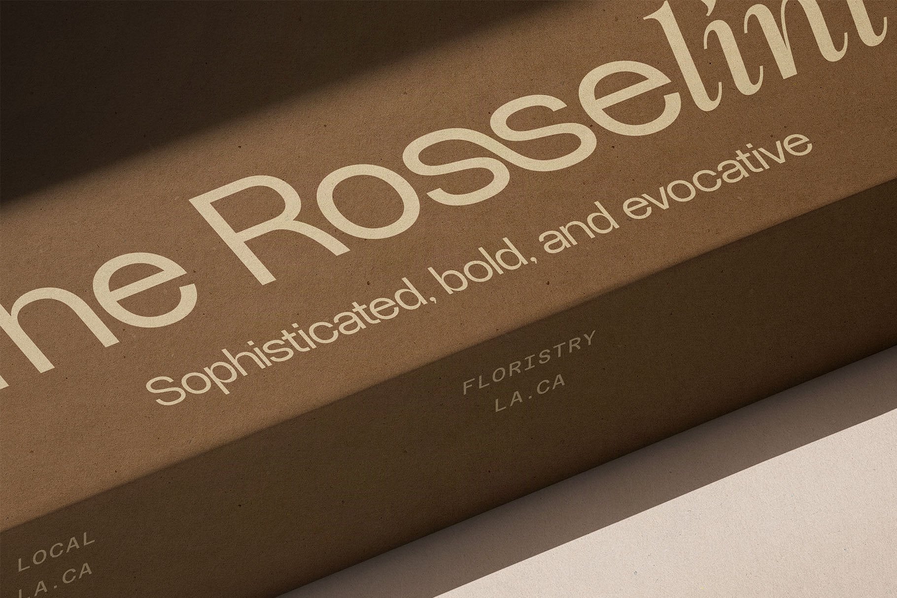 SLTF Dessign Maison hybrid serif display - The Rosselini floristry lettering embossed on a box