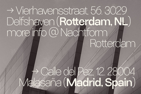SLTF Ryecroft specimen over a warm grey photograph of an angular building facade. Two addresses are set in the light weight with the city names in bold: Vierhavensstraat 56, 3029 Delfshaven, Rotterdam NL, with a line reading more info at Nachtform Rotterdam, and Calle del Pez 12, 28004 Malasana, Madrid Spain. Arrows lead into each address block.