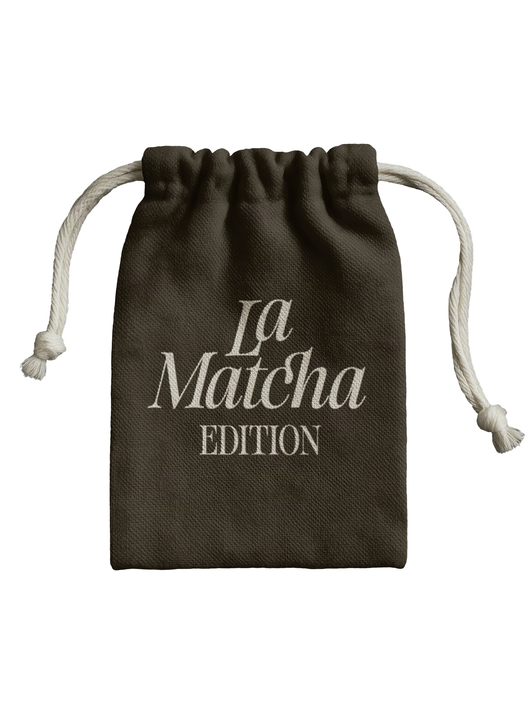 La Matcha Edition drawstring pouch mockup lettered in SLTF The Brachen, pale calligraphic serif on a dark olive fabric bag against black