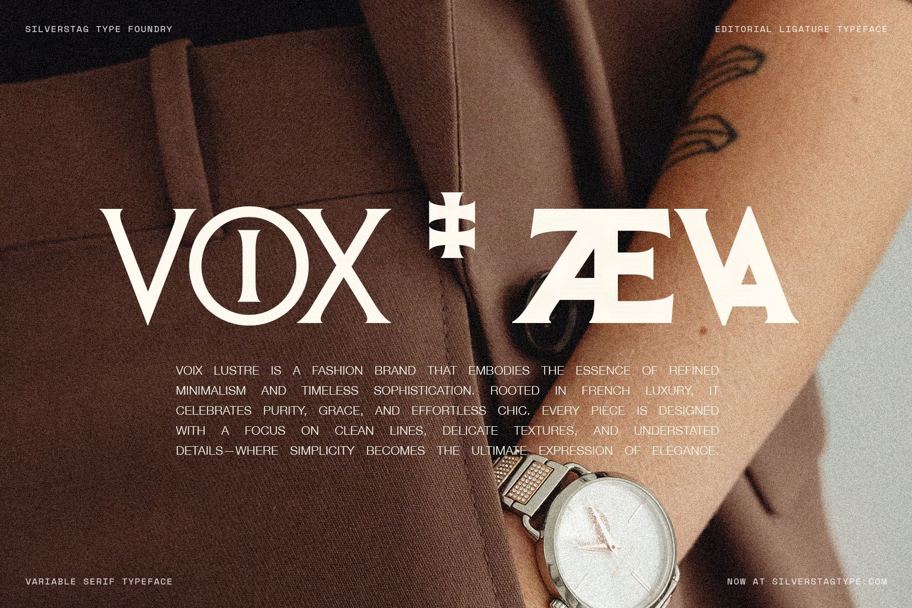SLTF Arcilla Black weight in fashion editorial context — VOX and AEVA wordmarks set in cream on a deep brown background featuring a wristwatch and tattooed arm. Highlights the architectural uppercase letterforms and high-contrast stroke detail. Ideal for luxury fashion brand identities and advertising campaigns.